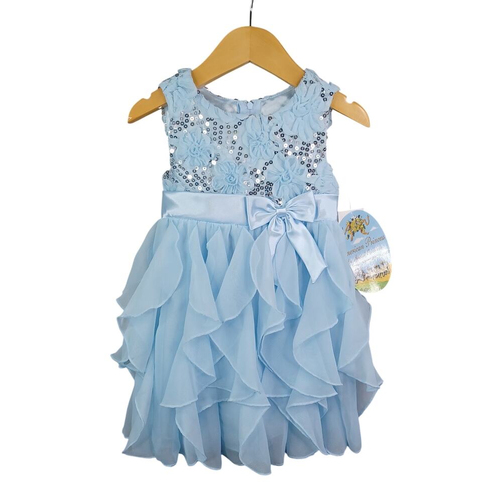 American Princess Girl Floral Sequin Cascade Ruffle Dress Blue Size 2T Party NWT